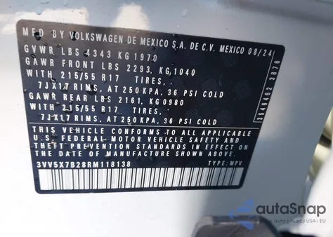 2024 Volkswagen Taos 1.5T S z USA, uszkodzony, nr VIN 3VV5X7B28RM118138